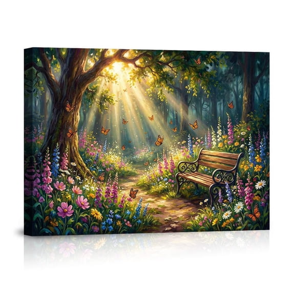 Enchanted Forest Bench With Sunbeams And Butterflies Magical Whimsical Garden For Home Canvas