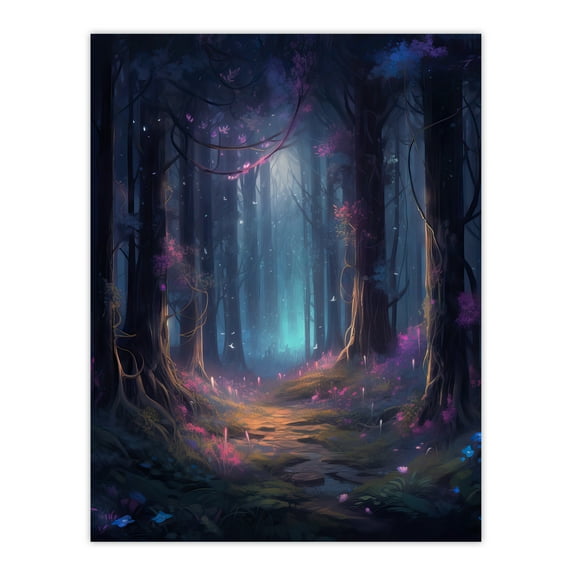 Enchanted Forest With Bioluminescent Flowers Oil Painting Pink Blue Green Serene Fantasy Landscape Colourful Magical Nature Mystical Modern Extra Large XL Wall Art Poster Print