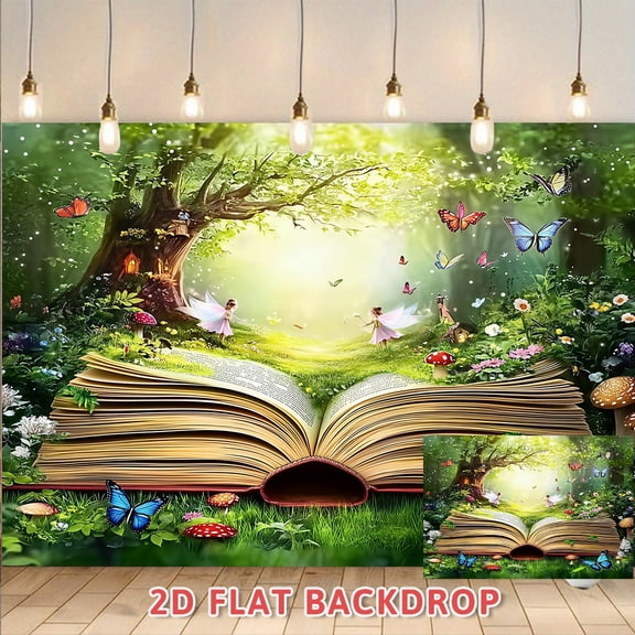 Enchanted Forest Book Backdrop, Ideal for Party Photography Live Stream Decor, Fantasy Fairy Tale Themed 2D Flat Background Cloth for Event Booth Studio Setup