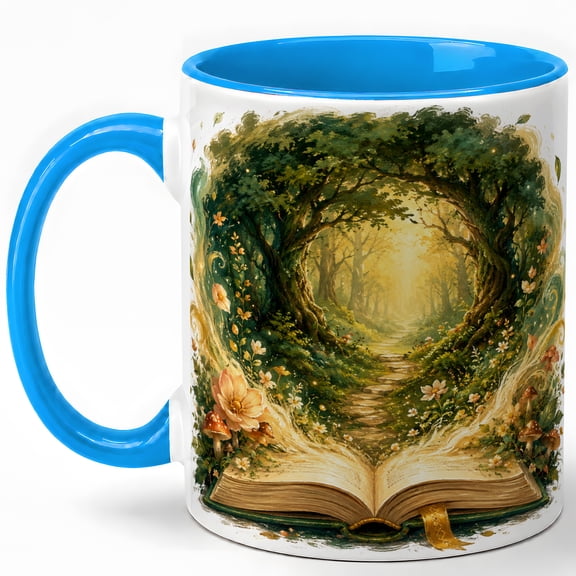 Enchanted Forest Book Coffee Mug, Magical Woodland Path Mushroom Fantasy Design, 11 oz Ceramic Cup
