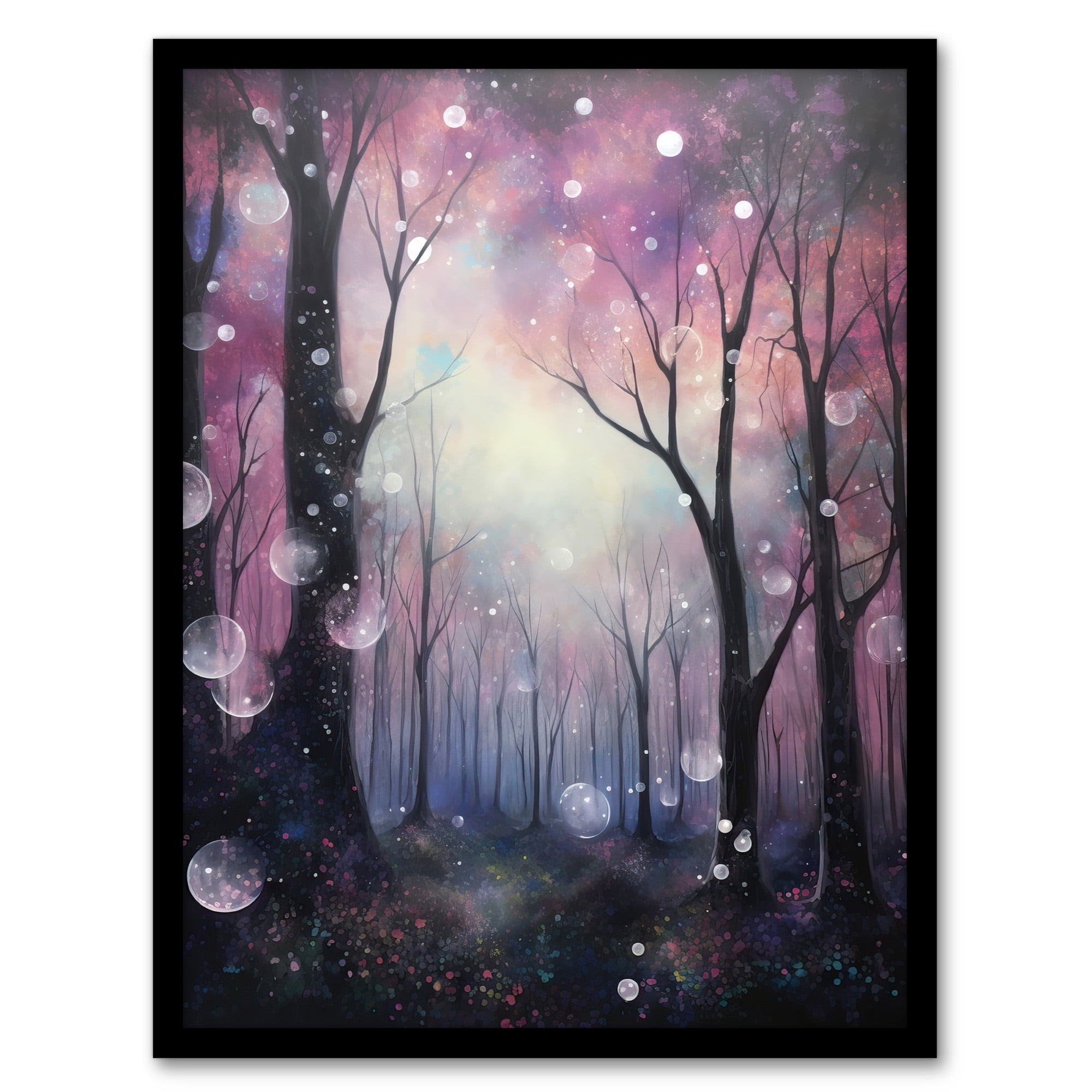 Enchanted Forest Bubbles Oil Painting Pink Blue Winter Tree