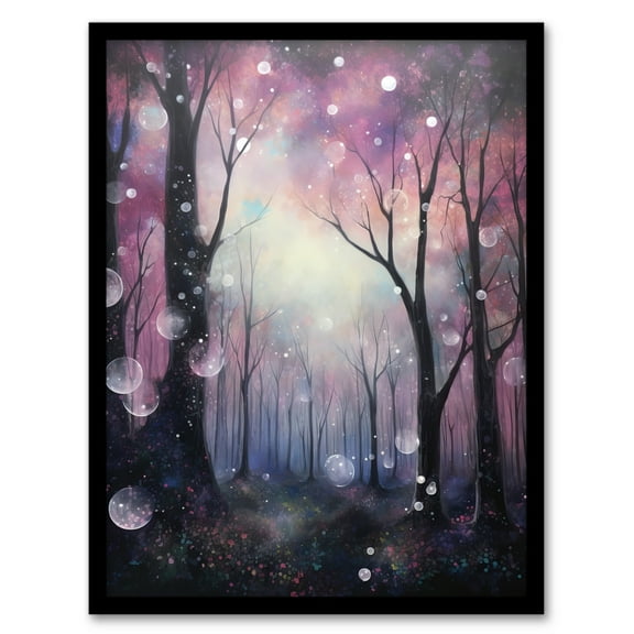 Enchanted Forest Bubbles Oil Painting Pink Blue Winter Tree Silhouettes Misty Fantasy Landscape Colourful Magical Nature Mystical Modern Art Print Framed Poster Wall Decor 12x16 inch