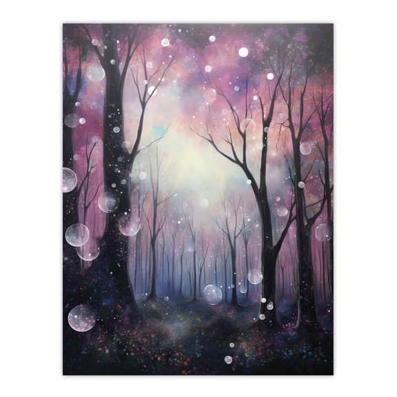 Enchanted Forest Bubbles Oil Painting Pink Blue Winter Tree Silhouettes Misty Fantasy Landscape Colourful Magical Nature Mystical Modern Unframed Wall Art Print Poster Home Decor Premium