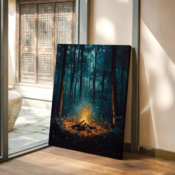 Enchanted Forest Campfire Print – Cozy Night Wilderness Art, Glowing Firelight Scene, Rustic Outdoor Wall Decor, Moody Adventure Wall Art, Modern Wall Decor, 8x12 UNFRAMED