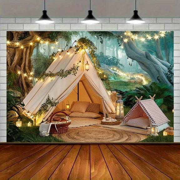 Enchanted Forest Camping Scene Backdrop Magical Tent and Fairy Lights Photography Background Forest Night Scene Theme Birthday Decorations Banner Photo Booth Props