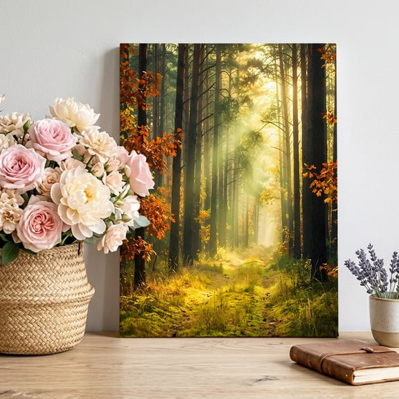 Enchanted Forest Canvas Wall Art, Fall Nature Sunlight Sunbeams Path Framed Canvas Wall Decor Picture Print Artwork Decorations for Living Room Office Ready to Hang 14" x 11"
