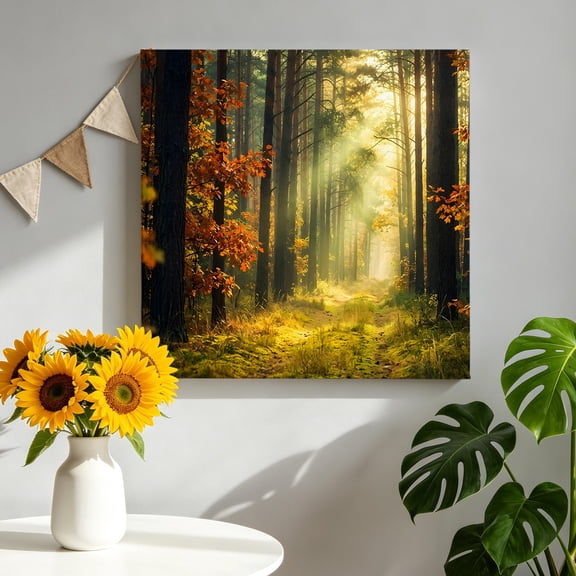 Enchanted Forest Canvas Wall Art Framed Wall Decor for Living Room Bedroom Bathroom, Fall Nature Sunlight Sunbeams Path Canvas Pictures Ready to Hang Decor, 10"x10"
