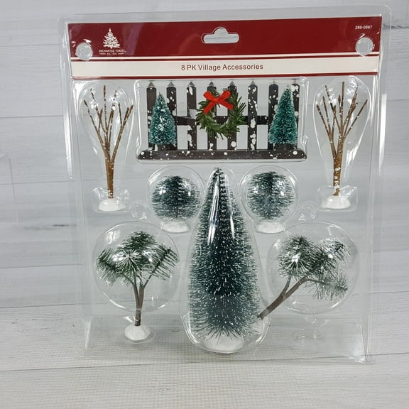 Enchanted Forest Christmas Village 8pc Set Bottle Brush & Bare Trees & Fence NEW