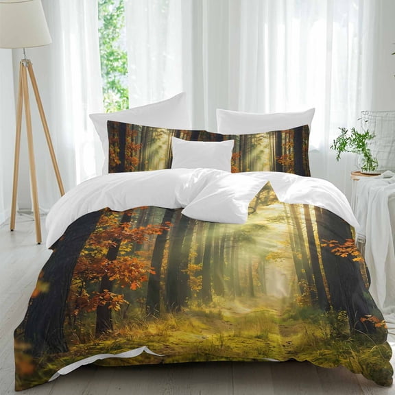 Enchanted Forest Comforter Set Twin Size, Fall Nature Sunlight Sunbeams Path Soft Bedding Set for Man Woman, 4 Pieces Duvet Cover Set with Fitted Sheet, 2 Pillowcases