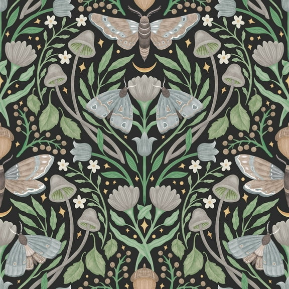 RoomMates Enchanted Forest Damask Black Peel and Stick Wallpaper, 1 roll