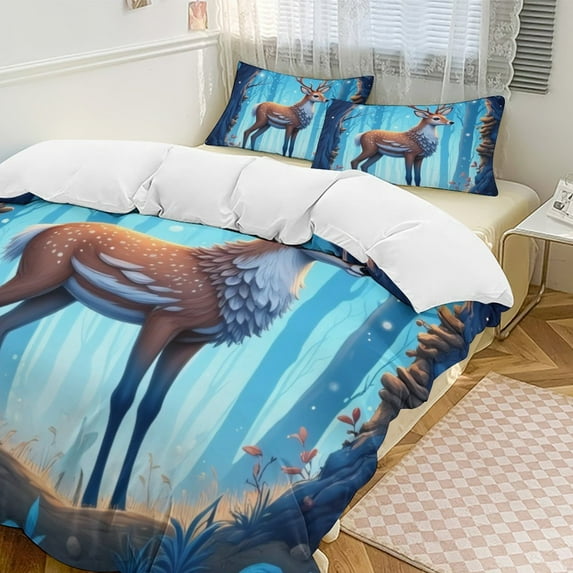 Enchanted Forest Deer Duvet Cover Set Themed Multicolor Polyester Bedding Set for Bedroom Decoration