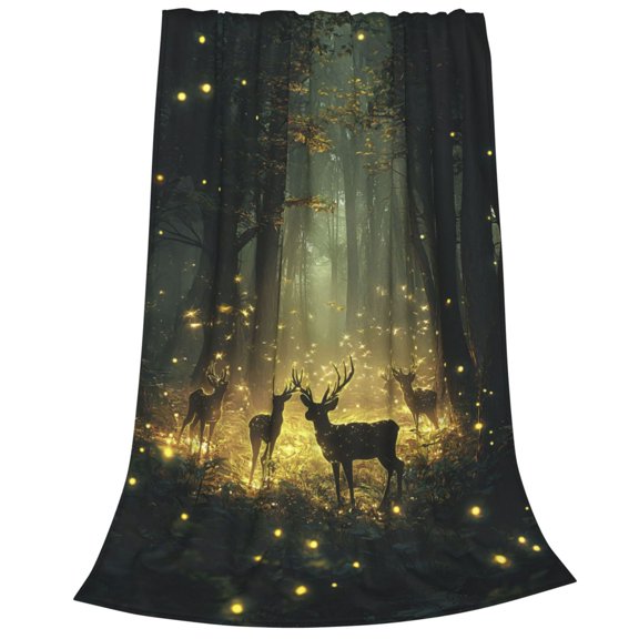 Enchanted Forest Deer Flannel Blanket - Glowing Firefly Silhouette Animal Fleece Throw for Sofa, Cabin Decor 50x40