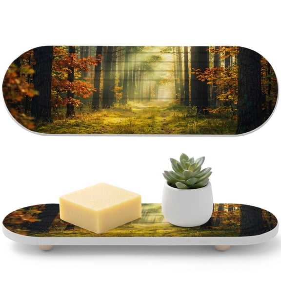 Enchanted Forest Diatomaceous Earth Coasters, Fall Nature Sunlight Sunbeams Path Water Absorbent Diatomite Coaster, Bathroom Tray Stone Dish Drying Mat Kitchen Sink Tray 12x4in