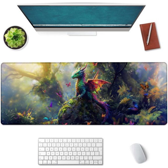 Enchanted Forest Dragon Large Mouse Pad, Gaming Mouse Pad, Non-Slip Rubber Base, Office Accessories, Desk Mat, Animal MousePads for School, Work, Home Decor Gifts 31.5" x 11.8"