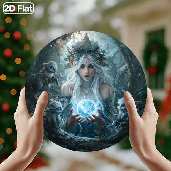 Enchanted Forest Elf & Magical Orb Decor, 1pc, 8" Round Aluminum Wall Art Metal Signs, Wall Decor For Kitchen, Door, Office, Bedroom Decor, Best Gifts For Room, Home, Bathroom Decor, Weird, 2D Flat