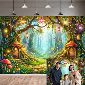 Enchanted Forest Fairy Backdrop, Magical Mushroom Tree House Lantern Photography Background, Fantasy Wonderland Banner, Birthday Party Baby Shower Wedding Photo Booth Studio Decor, 5x3ft