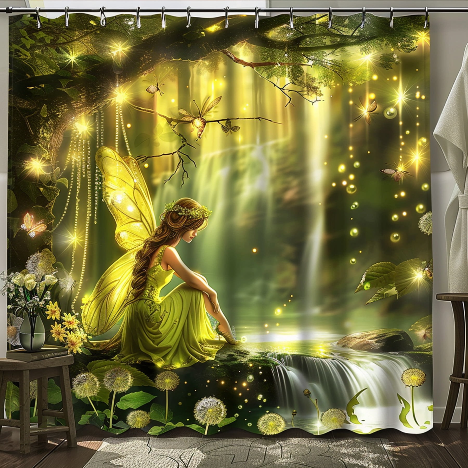 Enchanted Forest Fairy Cartoon Shower Curtain with Waterfalls Fireflies ...