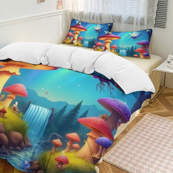 Enchanted Forest Fairy Scene Duvet Cover Set Themed Multicolor Polyester Bedding Set for Bedroom Decoration