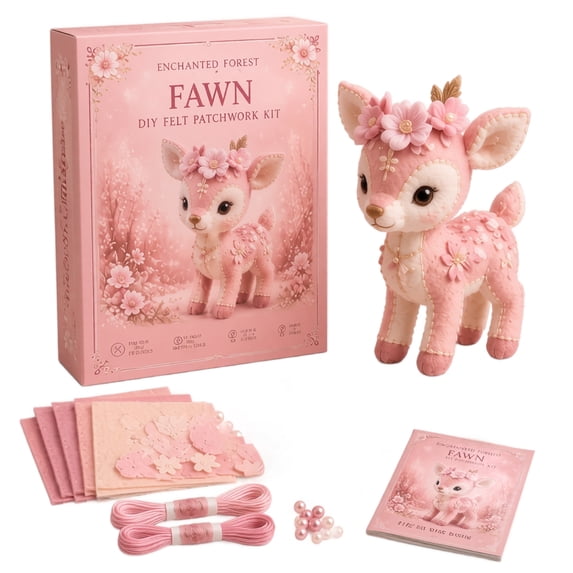 Enchanted Forest Fawn DIY Felt Patchwork Sewing Kit, Hand‑Stitch Pink Felt Stuffed Fawn Craft Set, Complete Supplies with Instruction Book for Beginners, Home Decor & Handmade Gift