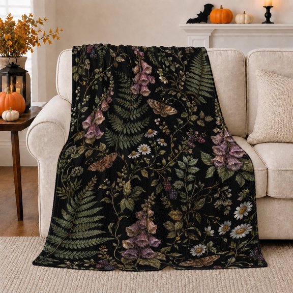 Enchanted Forest Ferns Foxgloves Moths autumn celebration, Festive autumn celebration Scene, Warm Flannel Blanket for Cabin and Lodge, Art Lovers autumn celebration Gift, Festive Home Decor