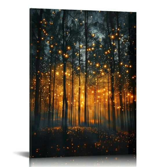 Enchanted Forest Firefly Canvas Wall Ar Print - Botanical Wall Art, Landscape Canvas Decoration, Artful Nature Fireflies Decor for Home Bedroom living room Home Wall Decor Framed