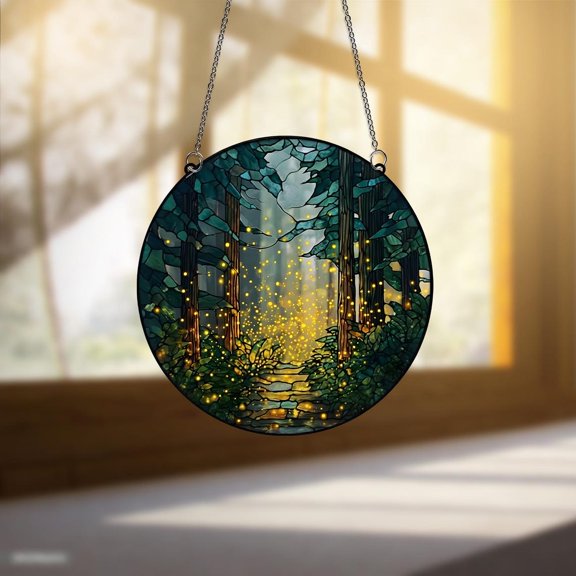 Enchanted Forest Firefly Glass Suncatcher, Mountain Landscape Window Art, Nature Lover, 3.5 in