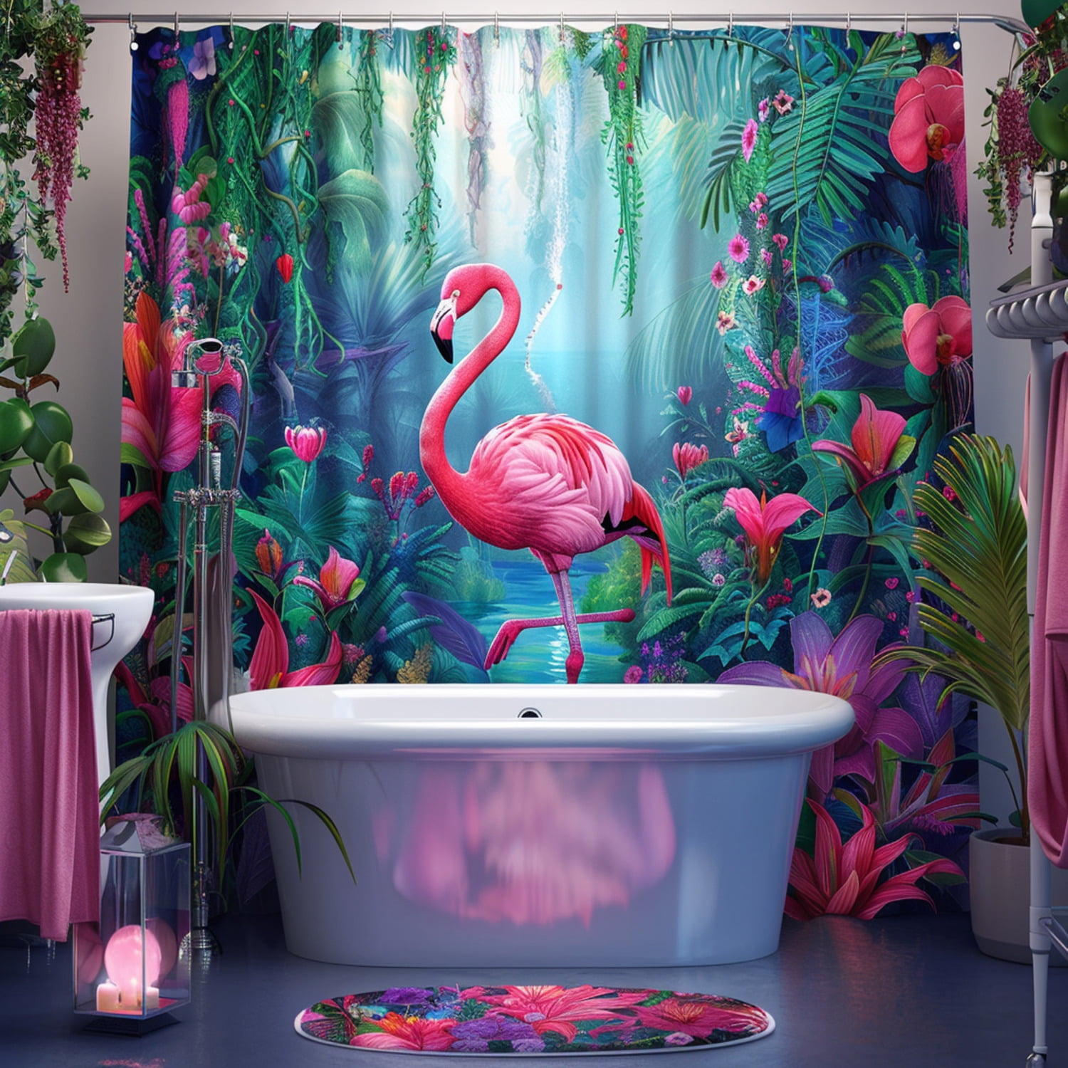 Enchanted Forest Flamingo Shower Curtain Vibrant Pink and Blue Bathroom