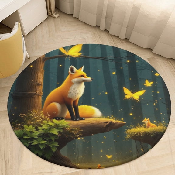 Enchanted Forest Fox Scene Round Area Rugs for Bedroom Living Room, 4FT Soft Comfy Indoor Circle Carpets, Floor Mat