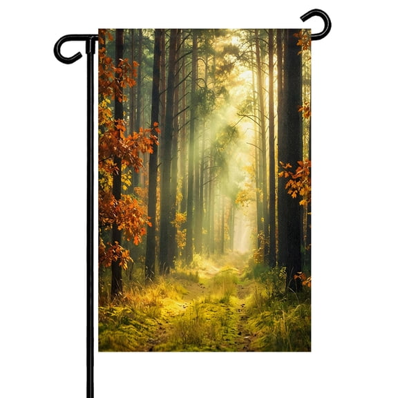 Enchanted Forest Garden Flag 12x18 Inch Fall Nature Sunlight Sunbeams Path Double Sided Small Decorative Garden Flags for Outside, Outdoor Yard Porch Lawn Decoration