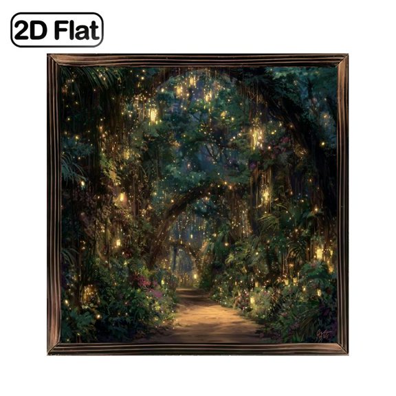 Enchanted Forest Glowing Firefly Pathway Magical Woods Wood Art 8 Inch Square Framed Wall Decor, Living Room Bedroom Office, Perfect Gift for Family Friends, Wooden Plaque, Hanging
