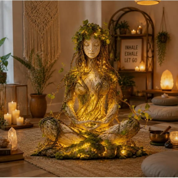 Enchanted Forest Goddess Collection Glowing Meditating Earth Goddess Statue, LED Lighted Nature Spirit Sculpture with Twisted Roots, Ivy Vines & Moss for Boho Meditation Altar Decor