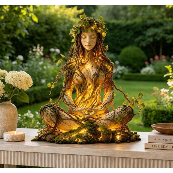 Enchanted Forest Goddess Collection Illuminated Meditating Goddess Statue, Nature Spirit Sculpture with Twisted Roots, Ivy Foliage & Moss for Spiritual Table Ornament