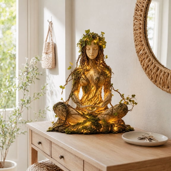 Enchanted Forest Goddess Collection Illuminated Nature Spirit Sculpture, Warm LED Meditating Earth Goddess Statue with Roots, Ivy & Moss, Boho Spiritual Woodland Table Decor