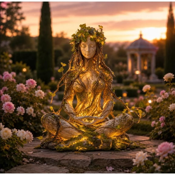 Enchanted Forest Goddess Collection Light Up Woodland Spirit Sculpture, Meditating Earth Goddess Statue with Root Tendrils, Ivy and Moss for Altar Table Display