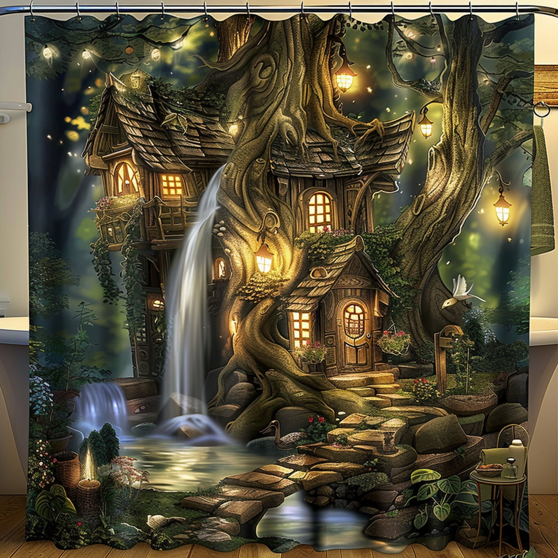 Enchanted Forest House Shower Curtain with Stream and Lights Cartoon ...