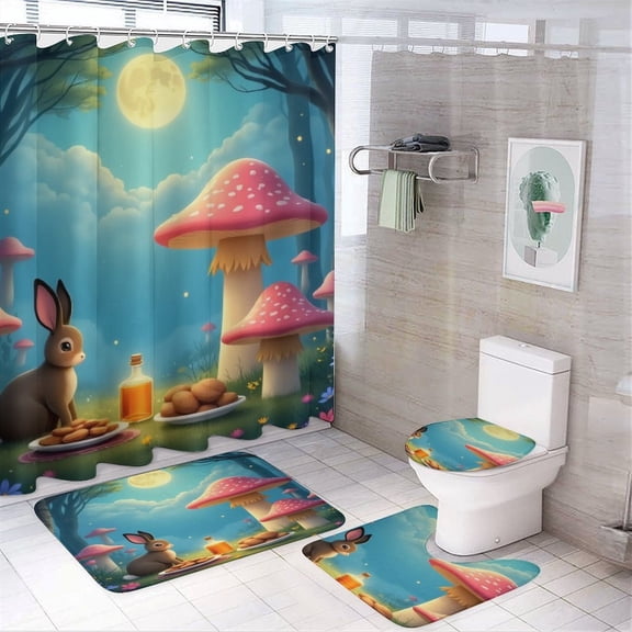 Enchanted Forest Moonlight Feast Shower Curtain Waterproof Bathroom Curtain Set with Hooks Home Decor Bathroom Curtains 4pcs