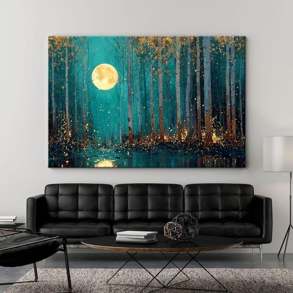 Enchanted Forest Moonlit Birch Trees Teal Gold Fireflies Art Unframed Paper Print
