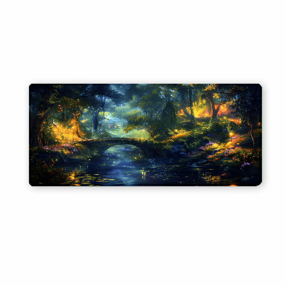 Enchanted Forest Mouse Pad 35.4 x 15.8 Inches Rubber Desk Mat with Glowing Trees and Stone Bridge Design for Office, Gaming, Home Use