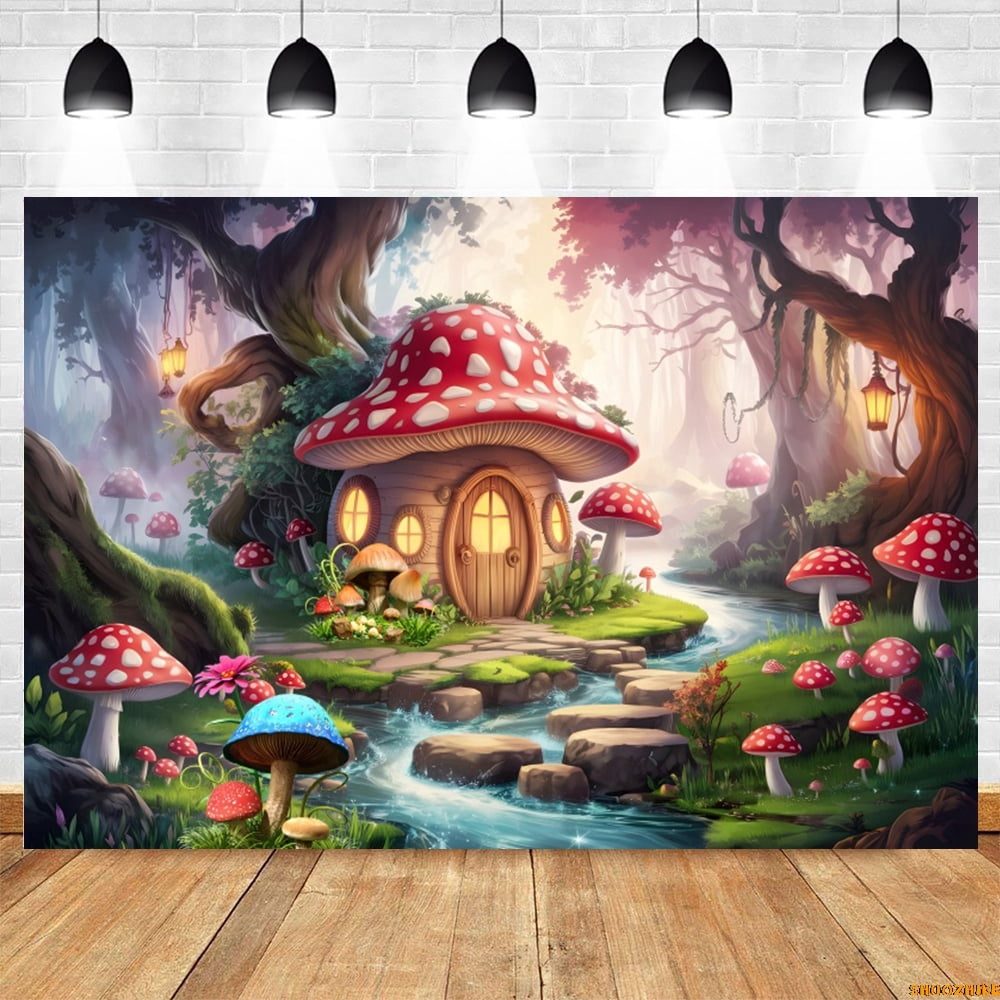 Enchanted Forest Mushroom Trees Spring Backdrop