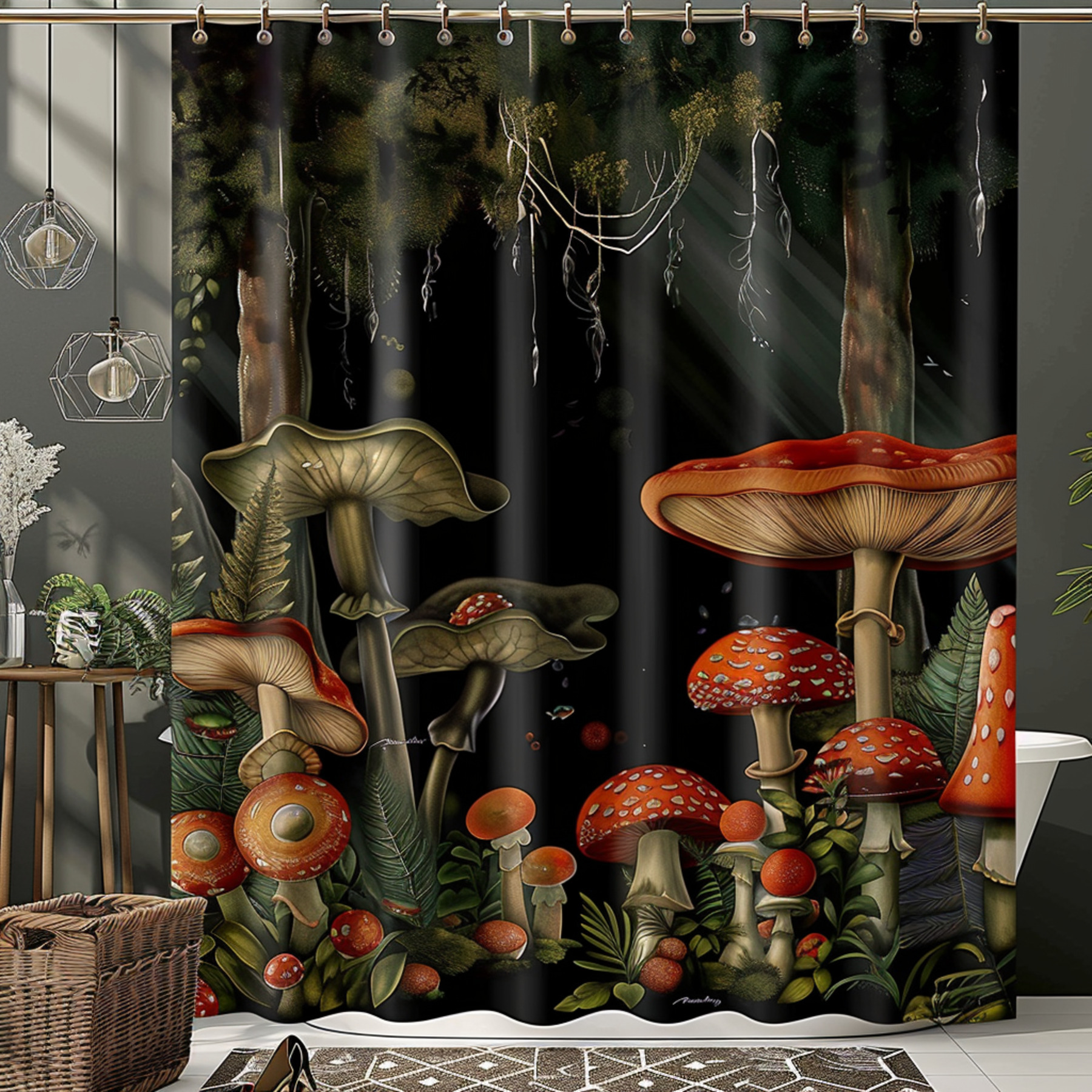Enchanted Forest Mushroom Bathroom Curtain Hyper Realistic Design Dark