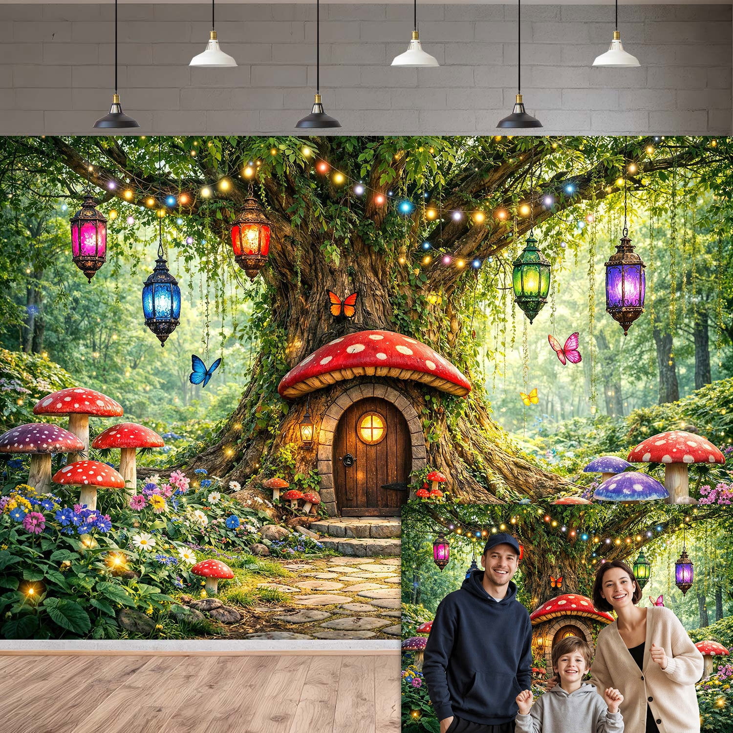Enchanted Forest Mushroom House Photography Backdrop, Magical Fairy Tree Lantern Butterfly Realistic Background for Kids Birthday Party Baby Shower Photo Booth Decorations Banner, 10x8ft