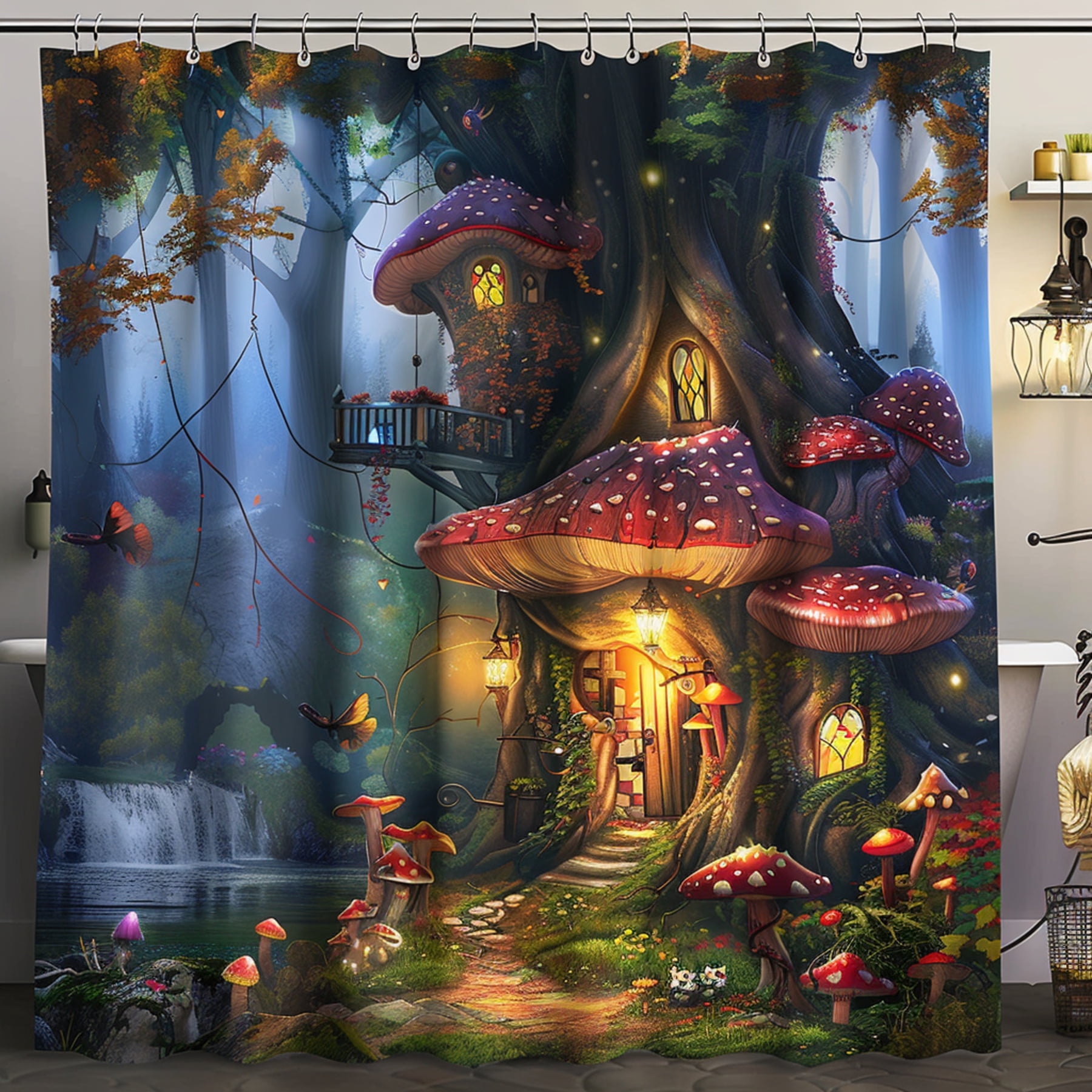 Enchanted Forest Mushroom House Shower Curtain Fantasy Theme Whimsical ...