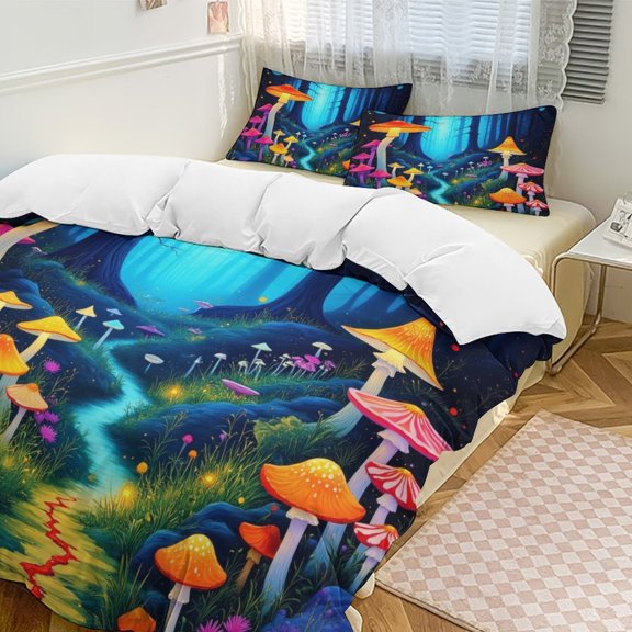 Enchanted Forest Mushroom Path Duvet Cover Set Themed Multicolor Polyester Bedding Set for Bedroom Decoration