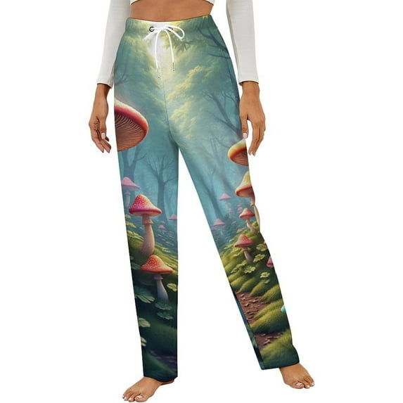 Enchanted Forest Mushroom Path Winter Female Pants Flannel High Waist Women Pants Lady Warm Straight Leg Plush Trousers