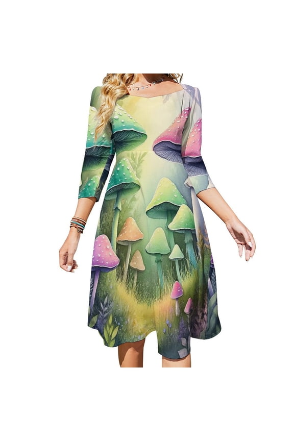 Enchanted Forest Mushroom Print Flare Dress Square Neck Dress Elegant Female Fashion Printed Dress