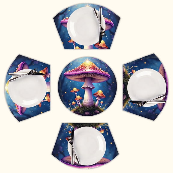 Enchanted Forest Mushroom Scene Round Table Placemats Set Of 5 Wedge Table Mats Washable Heat Resistant Place Mat For Dining Table Kitchen Farmhouse Restaurant