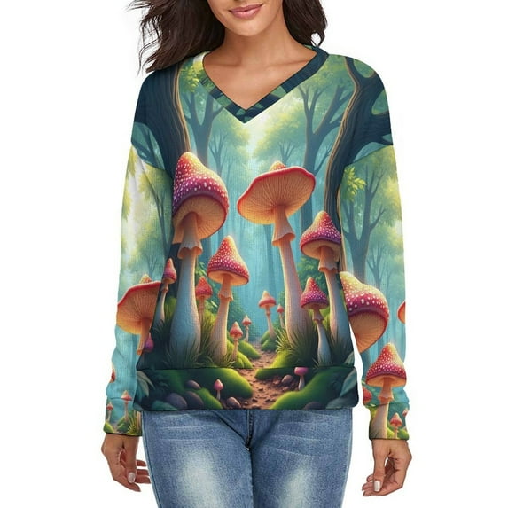 Enchanted Forest Mushroom Scene V-neck Sweater Winter Clothes Long Sleeve Knitwear Sweater Women's Pullover