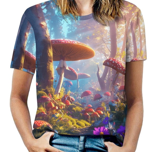 Enchanted Forest Mushrooms(1)-3 Women's Short Sleeve T-Shirt Crew Neck Casual Summer Trendy Loose Fit Tops