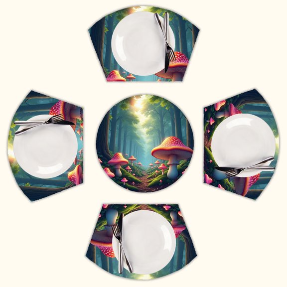 Enchanted Forest with Mushrooms Round Table Placemats Set Of 5 Wedge Table Mats Washable Heat Resistant Place Mat For Dining Table Kitchen Farmhouse Restaurant