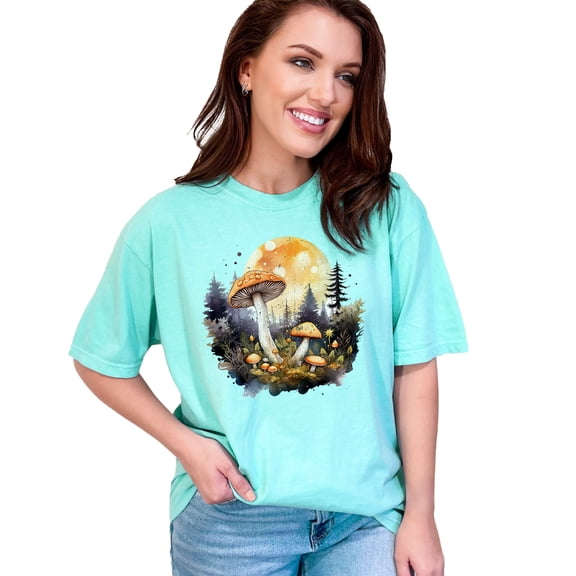 Enchanted Forest Mushrooms T-Shirt, Whimsical Fungi Art Tee, Magic Mushroom Moonlit Scene Shirt, Mystical Nature Graphic Tee, Chalky Mint Comfort Colors T-Shirt, XL